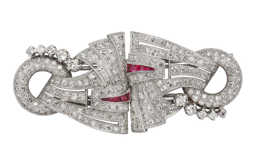 Lot 1312 - A ruby and diamond double-clip brooch