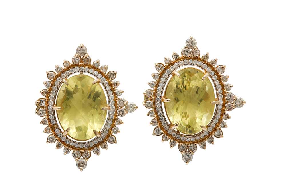 Lot 1275 - Noor | A pair of lemon quartz and diamond earstuds