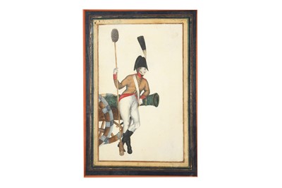 Lot 969 - A TINTED DRAWING OF A RUSSIAN FIELD ARTILLERY SUB-OFFICER WITH CANNON
