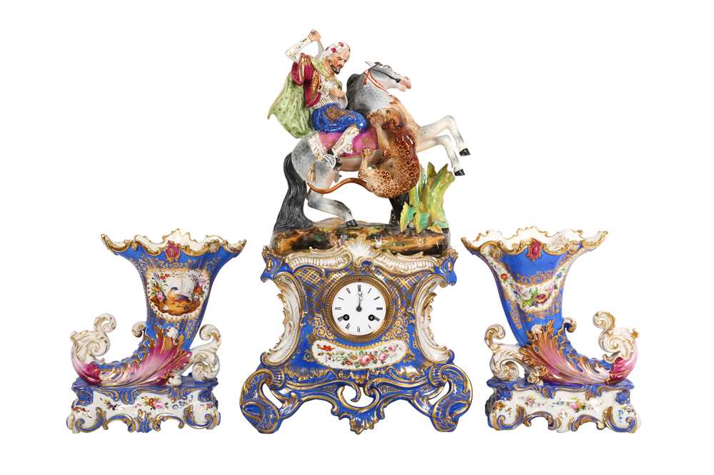 Lot 955 - A FRENCH ORIENTALIST PORCELAIN FIGURAL MANTLE CLOCK GARNITURE BY JACOB PETIT