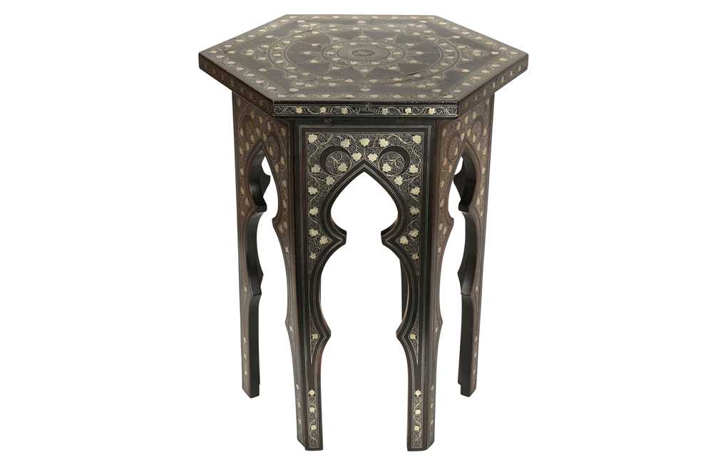 Lot 840 - AN OTTOMAN SILVER-WIRE-INLAID WOODEN OCCASIONAL LOW TABLE WITH TUGHRA