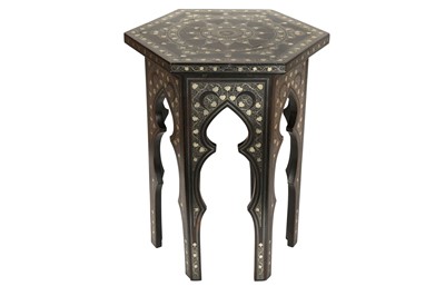 Lot 325 - AN OTTOMAN SILVER WIRE-INLAID WOODEN OCCASIONAL LOW TABLE WITH TUGHRA