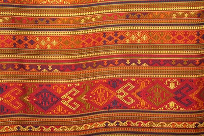 Lot 962 - A LENGTH OF COLOURFUL FLAT WOVEN PANEL WITH GEOMETRIC DECORATIONS