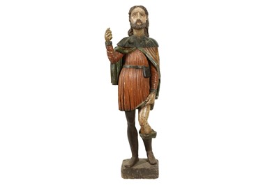 Lot 150 - A LARGE 19TH CENTURY SPANISH OR PORTUGUESE POLYCHROME DECORATED, CARVED WOOD FIGURE OF ST ROCH
