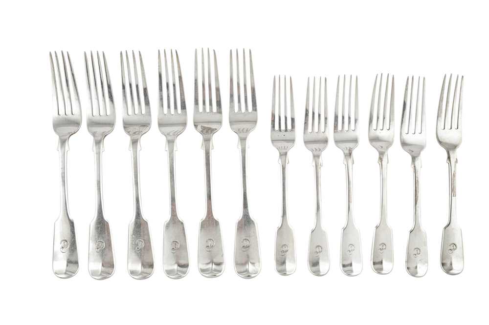 Lot 70 - A set of six Victorian sterling silver table forks and dessert forks, London 1838/39 by Charles Lias
