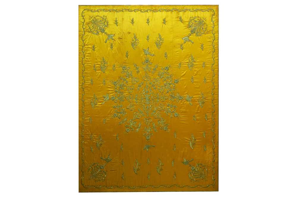 Lot 965 - A LARGE YELLOW SILK METAL THREAD-EMBROIDERED PANEL MADE FOR THE EUROPEAN MARKET