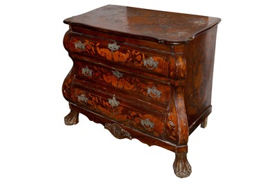Lot 662 - A 19th century Dutch figured walnut and marquetry inlaid bombe chest