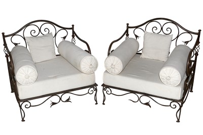 Lot 763 - A pair of French wrought iron conservatory armchairs, in the manner of Les Lalanne