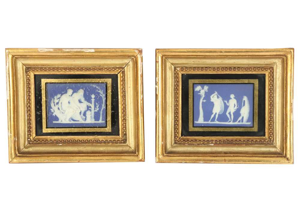 Lot 33 - A pair of Jasperware blue and white rectangular plaques, in the Wedgwood style