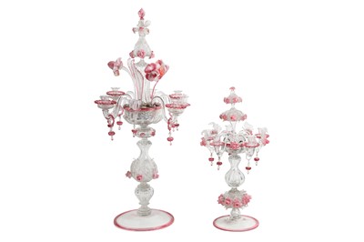 Lot 114 - TWO LARGE LATE 19TH / EARLY 2OTH CENTURY MURANO CLEAR AND PINK GLASS CANDELABRA