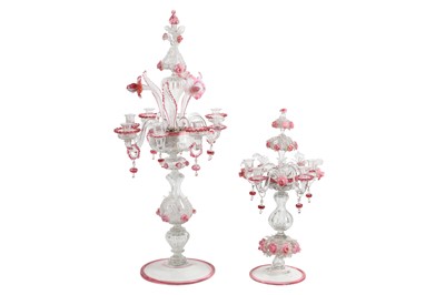 Lot 114 - TWO LARGE LATE 19TH / EARLY 2OTH CENTURY MURANO CLEAR AND PINK GLASS CANDELABRA