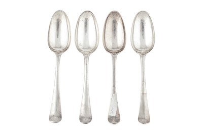 Lot 81 - A set of four George II sterling silver tablespoons, London 1742 by Thomas Jackson (reg. 26th June 1739)