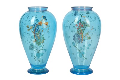 Lot 104 - A pair of 19th century French blue glass vases, decorated in the Japonisme style