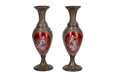 Lot 155 - A pair of French 19th century silver and enamel vases