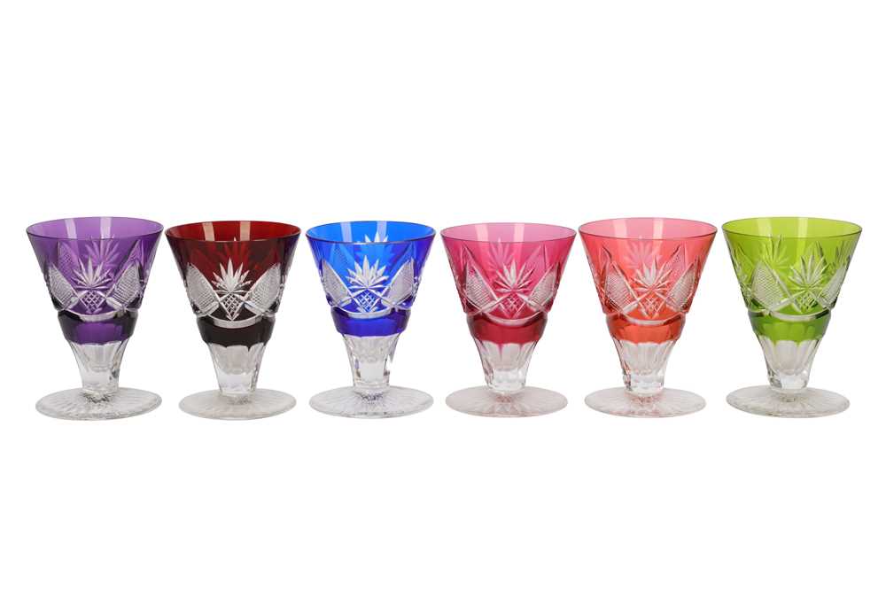 Lot 129 - A set of six small clear and coloured glass wine glasses