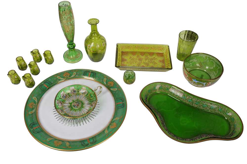 Lot 124 - A late 19th/early 20th century Continental green and enamelled glass licquer set