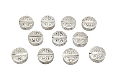 Lot 226 - A set of eleven late 20th century Thai unmarked silver place card holders, Bangkok circa 1980