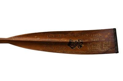 Lot 548 - A pine scull oar, dated 1938, painted with a crest and various details