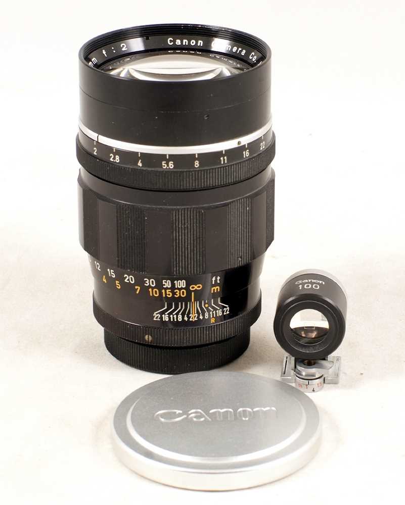 Lot 477 - An Uncommon Canon 100mm f2 Rangefinder Lens & Finder.