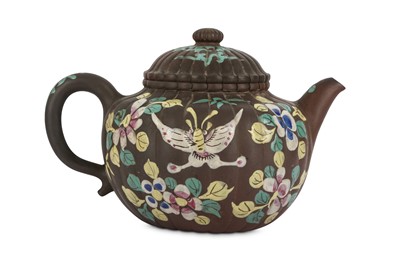 Lot 441 - A CHINESE YIXING ZISHA ENAMELLED TEAPOT AND COVER.
