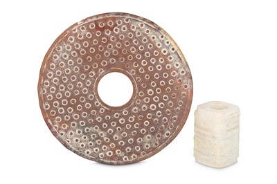 Lot 538 - A CHINESE HARDSTONE CONG AND A BI DISC.