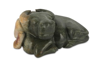 Lot 393 - A CHINESE CELADON JADE MODEL OF AN OX.
