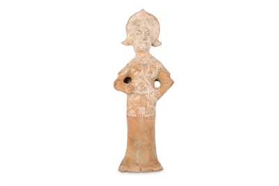 Lot 218 - A CHINESE POTTERY FIGURE OF A GUARDIAN.