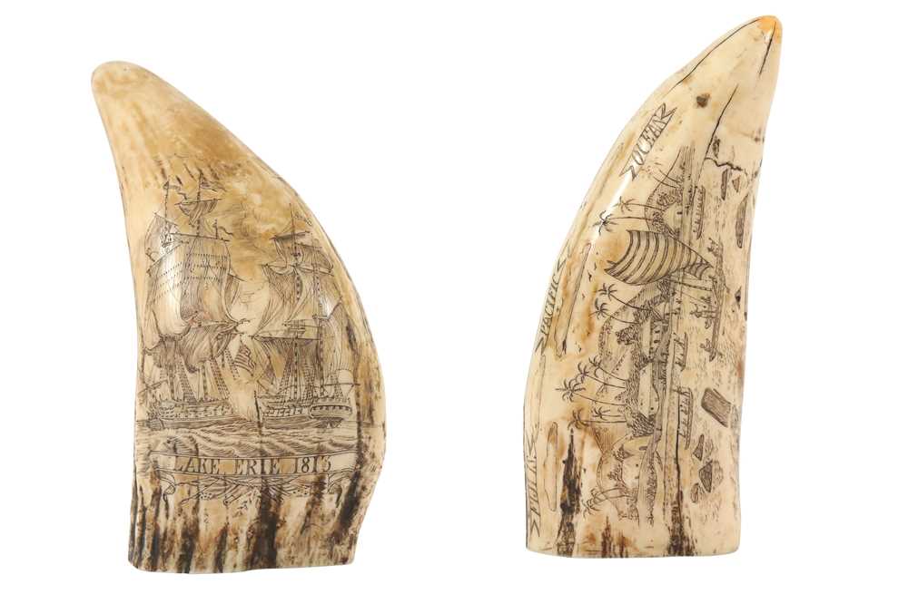Lot 149 - TWO RESIN SCRIMSHAW SPERM WHALE TOOTH CARVINGS, 20TH CENTURY