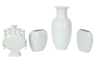 Lot 176 - A PAIR OF WHITE BLANC-DE CHINE FLAT FORM VASES, 20TH CENTURY