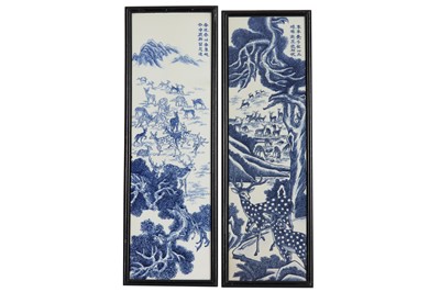 Lot 293 - A PAIR OF CHINESE BLUE AND WHITE PAINTINGS ON PORCELAIN, 20TH CENTURY