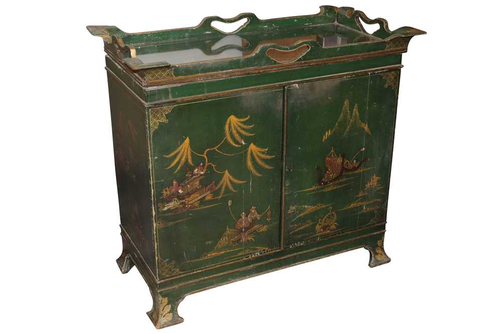 Lot 545 - AN 18TH CENTURY STYLE GREEN PAINTED CHINOISERIE SIDE CABINET, SECOND QUARTER OF THE 20TH CENTURY