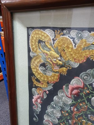 Lot 276 - A CHINESE SQUARE BLACK-GROND EMBROIDERED SILK 'DRAGON' PANEL.