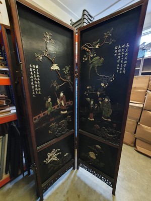 Lot 109 - A CHINESE FOUR-PANEL HARDSTONE-INLAID LACQUER SCREEN.