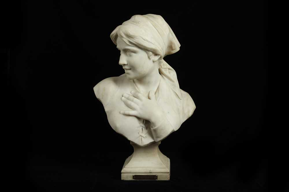 Lot 137 - ALPHONSE VAN BEURDEN (BELGIAN, 1854-1938): A WHITE MARBLE BUST OF A PEASANT GIRL 'SATISFACTION'
