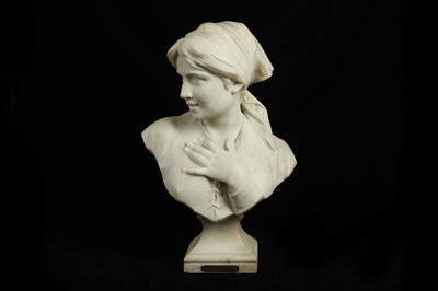 Lot 4 - ALPHONSE VAN BEURDEN (BELGIAN, 1854-1938): A WHITE MARBLE BUST OF A PEASANT GIRL 'SATISFACTION'
