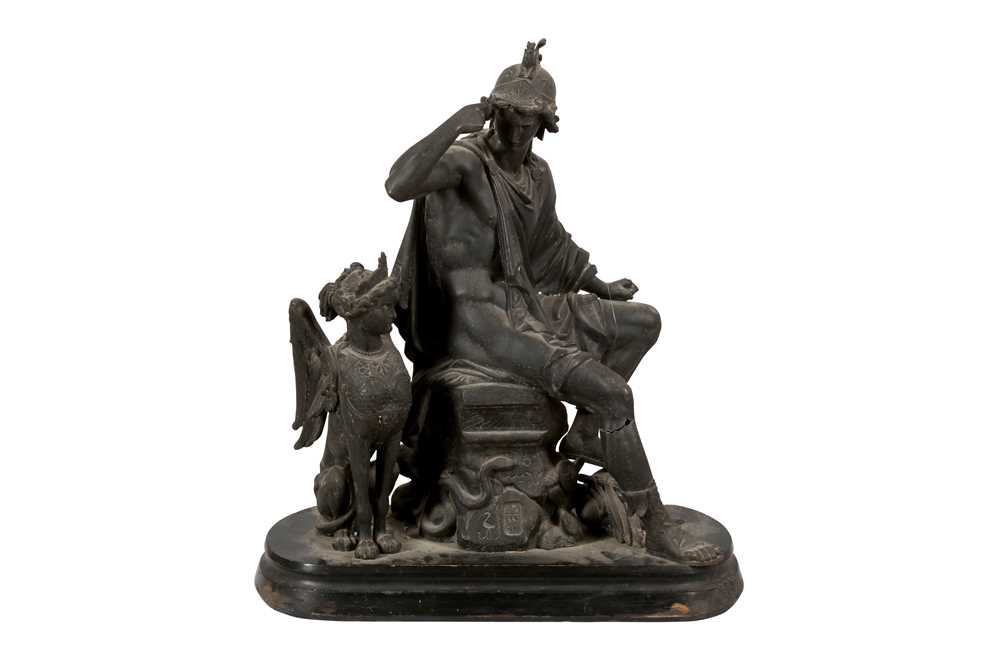 Lot 183 - A PATINATED SPELTER FIGURE GROUP OF OEDIPUS AND THE SPHINX, 19TH CENTURY