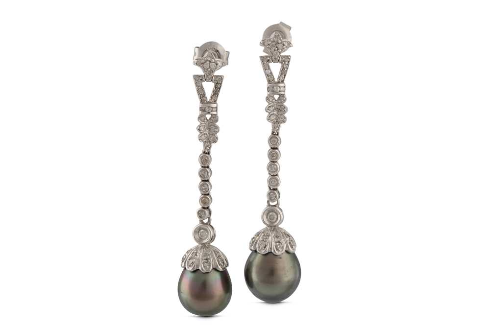 Lot 11 - A pair of cultured pearl and diamond pendent earrings