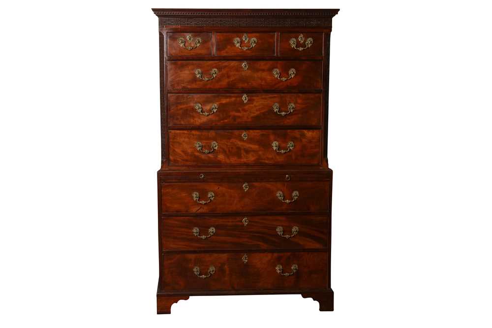 Lot 30 - A GEORGE III CHINESE CHIPPENDALE MAHOGANY CHEST ON CHEST