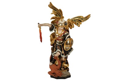 Lot 188 - A CONTINENTAL POLYCHROMED WOOD FIGURE OF ST. MICHAEL, 20TH CENTURY