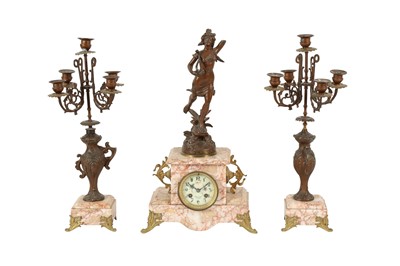 Lot 200 - A FRENCH SPELTER AND PINK MARBLE CLOCK, LATE 19TH CENTURY
