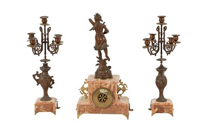 Lot 200 - A FRENCH SPELTER AND PINK MARBLE CLOCK, LATE 19TH CENTURY