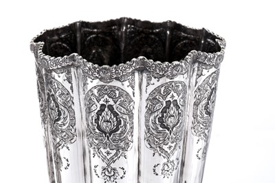 Lot 248 - A pair of tall mid-20th century Iranian (Persian) 840 standard silver vases, Isfahan 1969-78 mark of Bagher Parvaresh (c.1910-1978, master 1928), retailed by Khosrov