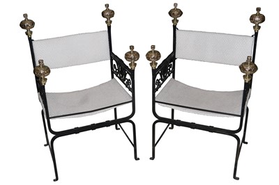 Lot 731 - A PAIR OF WROUGHT IRON SAVONAROLA STYLE CHAIRS, LATE 20TH CENTURY