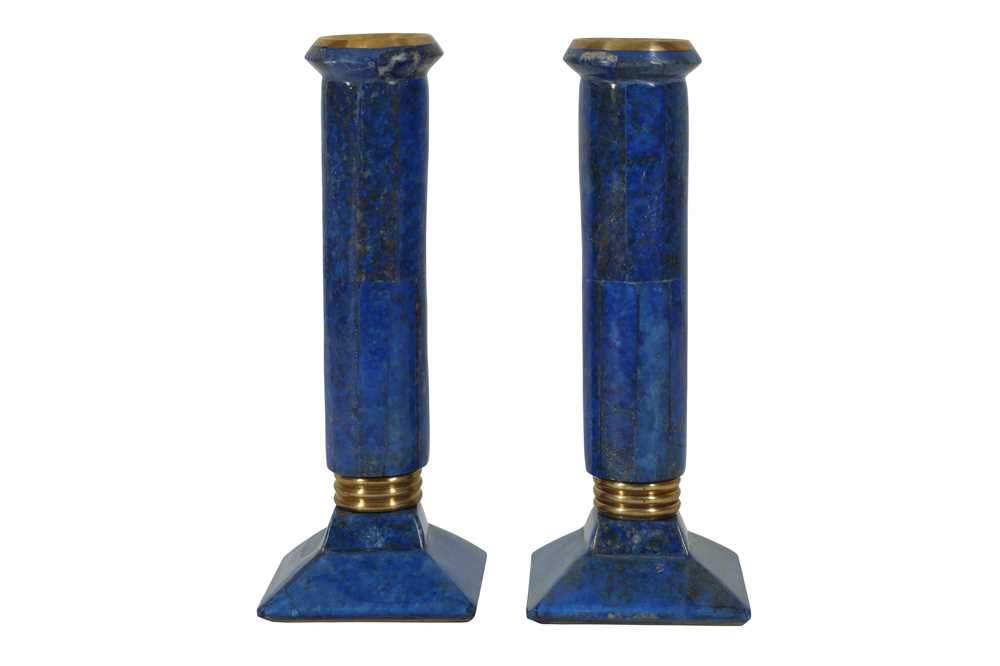Lot 605 - A PAIR OF LAPIS LAZULI CANDLESTICKS, 20TH CENTURY