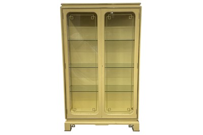 Lot 723 - A CREAM LACQUERED AND GLASS RECTANGULAR DISPLAY CABINET, 20TH CENTURY