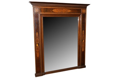 Lot 591 - A LARGE CONTINENTAL MARQUETRY INLAID ROSEWOOD OVERMANTEL MIRROR