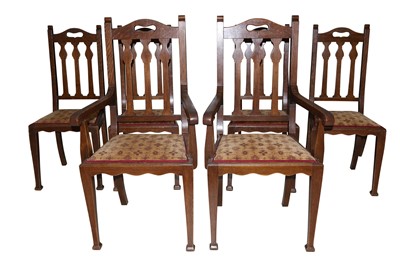 Lot 16 - JAS. SHOOLBRED & CO, A SET OF SIX ARTS & CRAFTS OAK DINING CHAIRS RETAILED AT LIBERTY'S