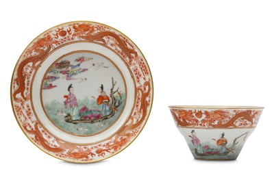 Lot 311 - A CHINESE FAMILLE ROSE 'IMMORTALS RAFT' CUP AND SAUCER.