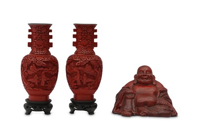 Lot 387 - A PAIR OF CHINESE CINNABAR LACQUER VASES, TOGETHER WITH A FIGURE OF BUDDHA.