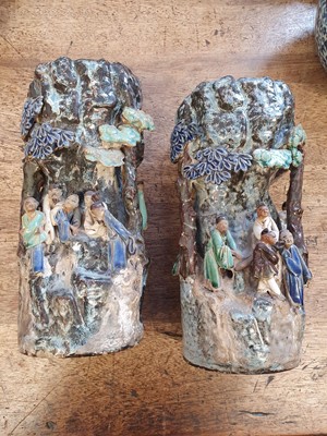 Lot 400 - A PAIR OF CHINESE SHIWAN FIGURATIVE VASES.